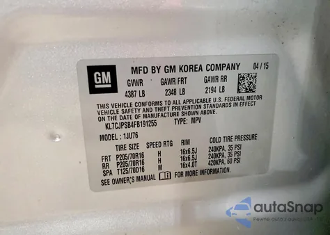 2015 Chevrolet Trax 1Ls z USA, uszkodzony, nr VIN KL7CJPSB4FB191255